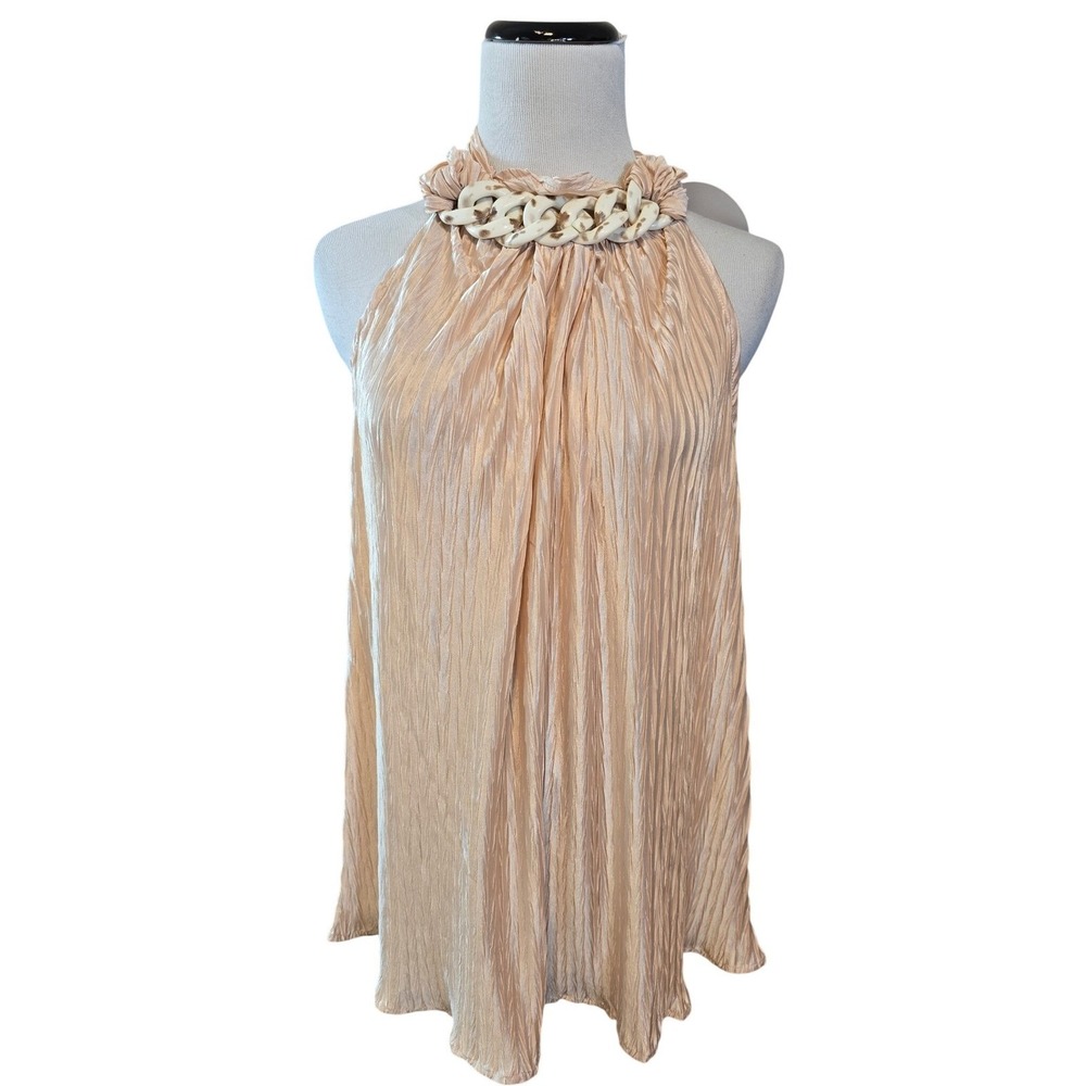 Umgee USA Peach Pleated Halter Neck Top with Chunky Chain Accent Size L New